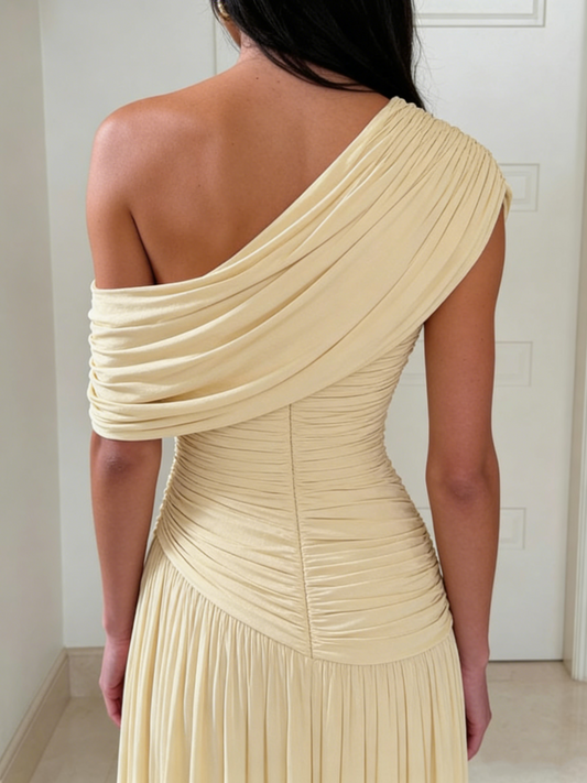 Elegant Cream One-Shoulder Evening Dress Ruched Sheath Prom Gown DP8045