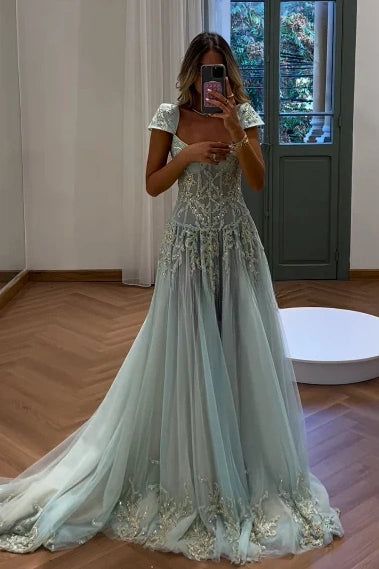 Glamorous Dusty Blue Embroidered Lace Prom Dress Tulle Beaded Evening Gown DP7914