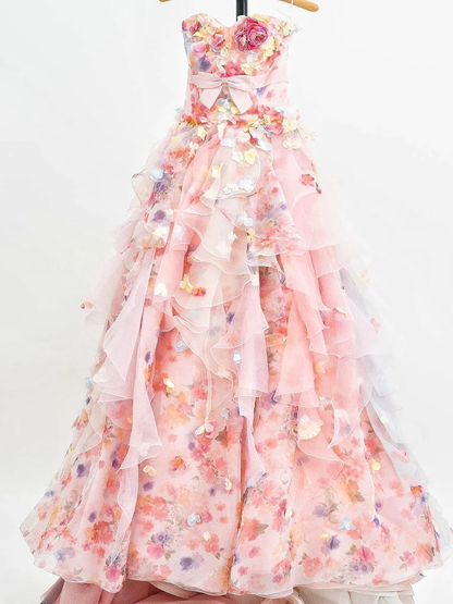 Glamouröses, trägerloses, pinkfarbenes A-Linien-Abendkleid mit 3D-Blumenmuster und Rüschen aus Tüll (DP7549)