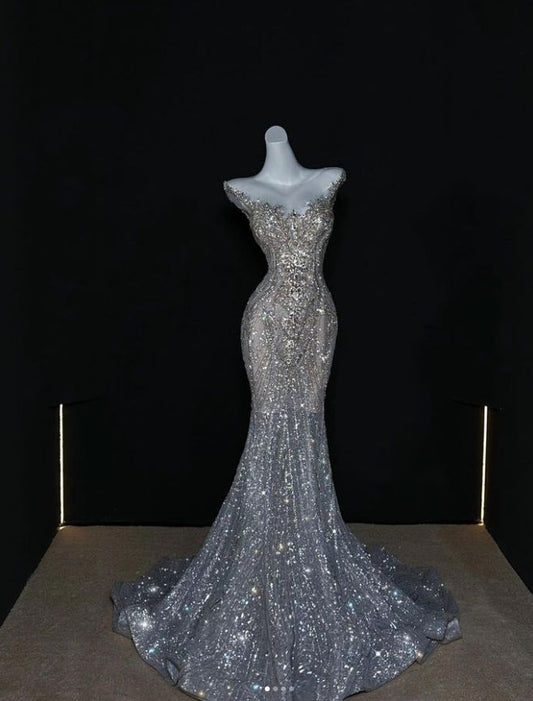 Robe de mariée sirène argentée à sequins, épaules dénudées, élégante et romantique, DP7032