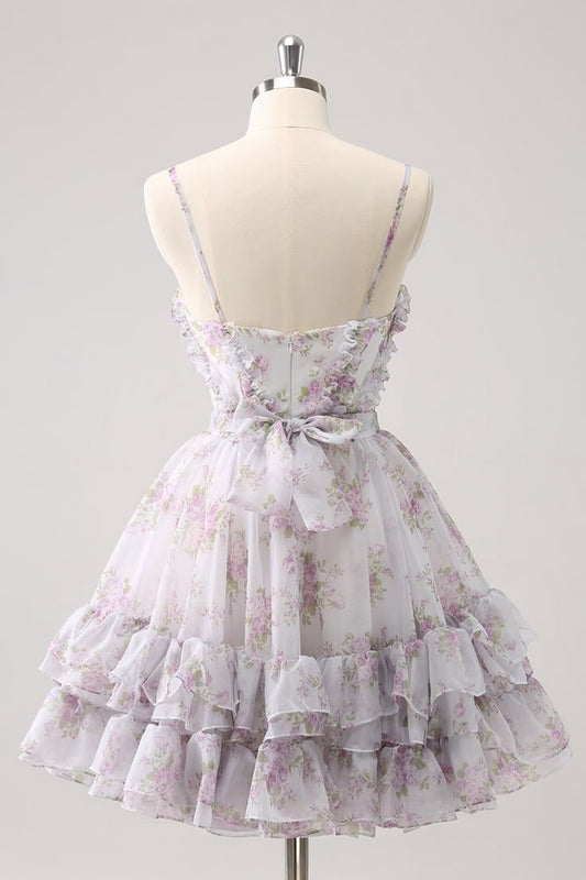Vintage A-Line Homecoming Dress Spaghetti Straps Ruffled Floral Print Tiered Cocktail Dress, DP5816