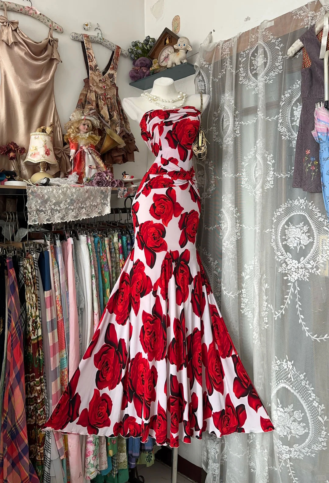 Vintage Red Rose Print Strapless Mermaid Maxi Dress DP8322