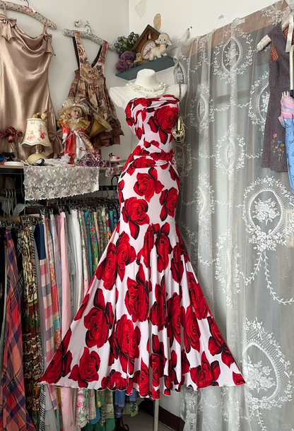 Vintage Red Rose Print Strapless Mermaid Maxi Dress DP8322