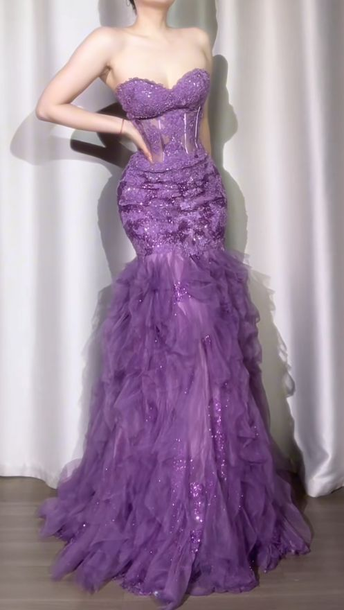 Glamorous Purple Tulle Ruffled Mermaid Evening Gown DP7984