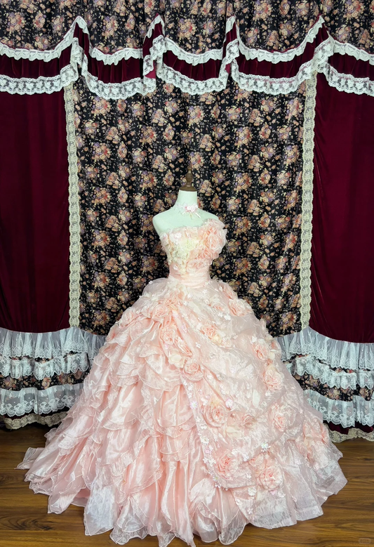 Gorgeous Pink 3D Flowers Sweet 16 Quinceanera Strapless A-Line Floor-length Prom Dress Evening Dress Ball Gown DP6416