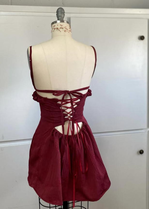 Vintage Burgundy Spaghetti Strap A-line Lace-up Short Party Dresses Homecoming Dresses, DP5786
