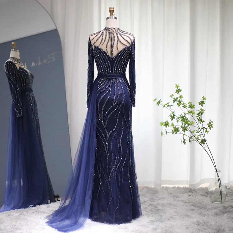 Stylish High Neck Navy Mermaid Evening Dress with Detachable Tulle Train Crystals Beads Long Prom Dress,F04833
