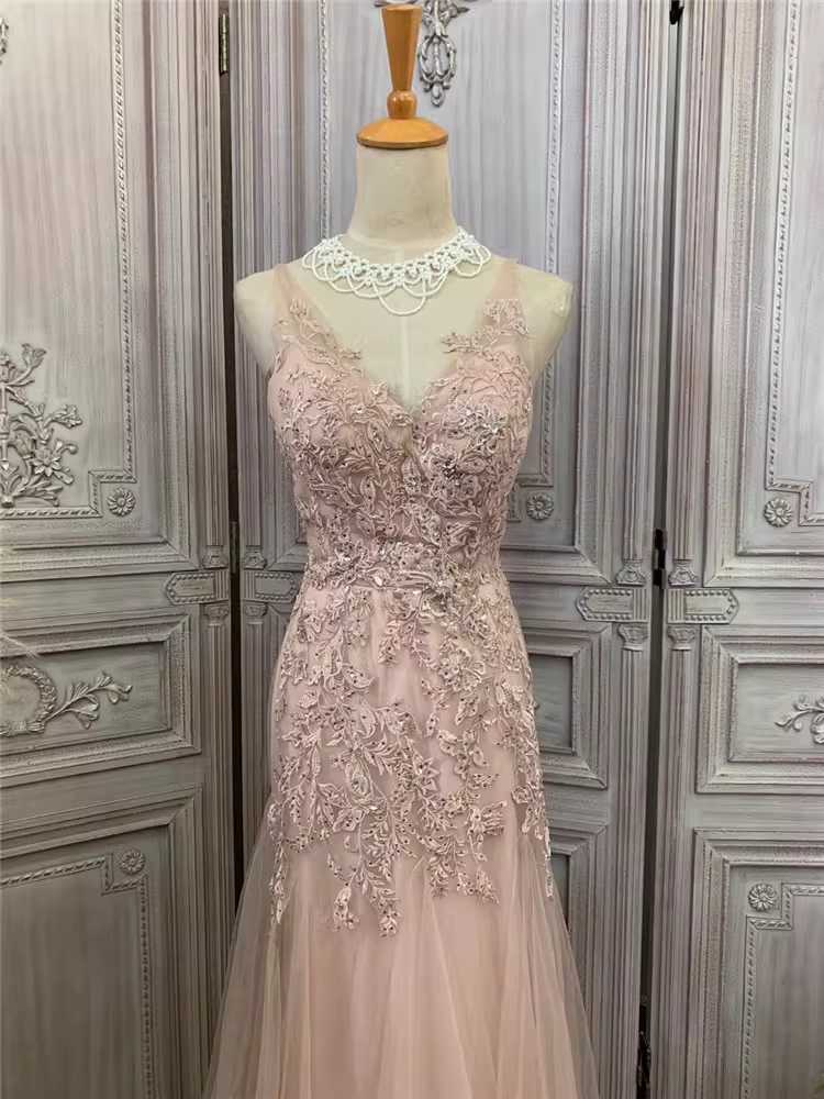 Vintage-Abendkleid im Meerjungfrauenstil in Rosa, mit Spitze verziert, V-Ausschnitt, Tüll, formelles Ballkleid DP7600