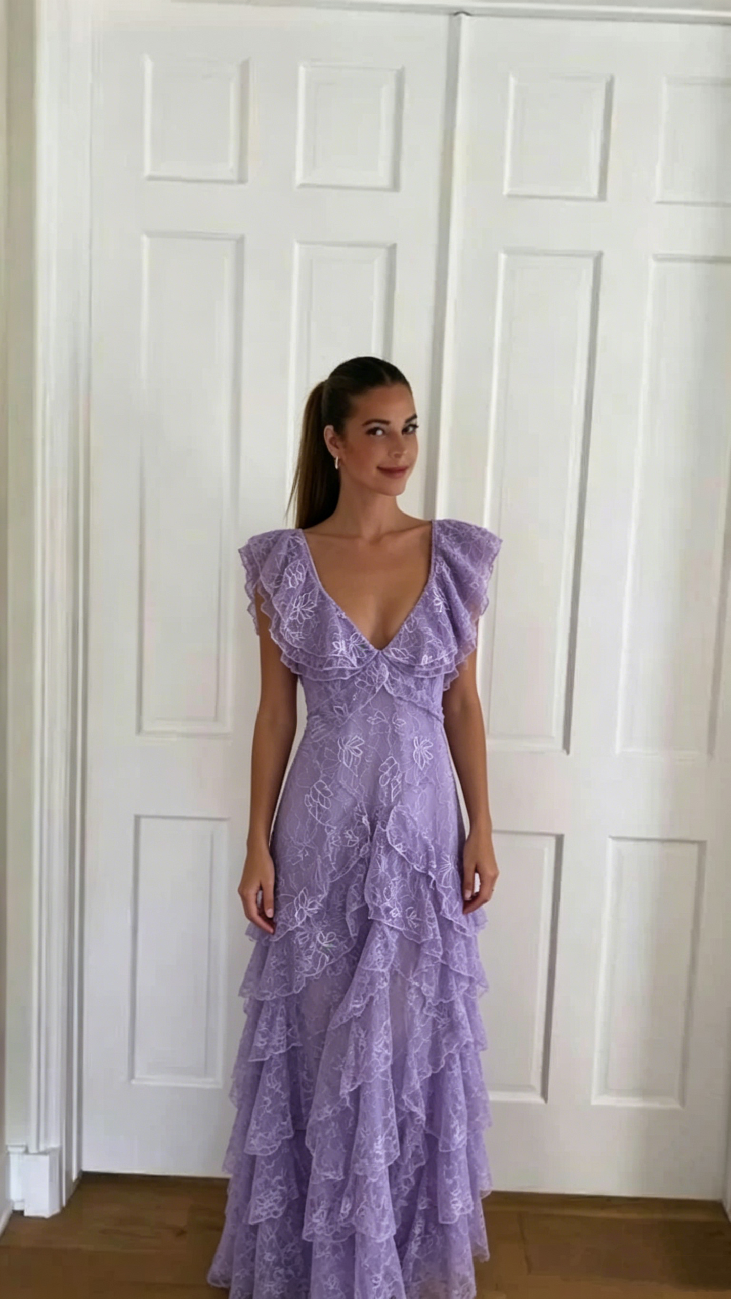 Vintage Lilac A-Line Lace Tiered Ruffled Flutter Sleeves Prom Dress Party Dress Evening Dress DP6478