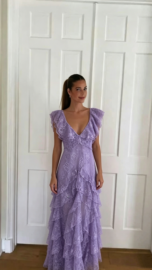 Vintage Lilac A-Line Lace Tiered Ruffled Flutter Sleeves Prom Dress Party Dress Evening Dress DP6478