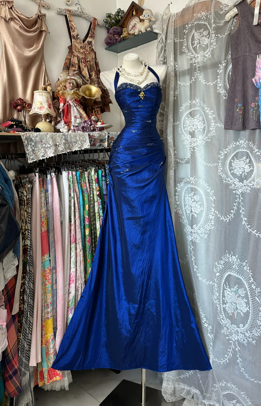 Vintage Royal Blue Satin Halter-Neck Beaded Formal Evening Gown DP7357