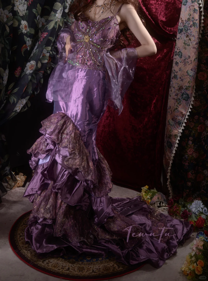 Vintage Purple Beaded Mermaid Evening Gown Tiered Ruffle Lace Prom Dress DP8342
