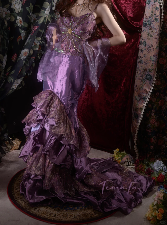 Vintage Purple Beaded Mermaid Evening Gown Tiered Ruffle Lace Prom Dress DP8342