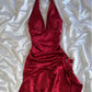 Vintage Wine Red Halter Satin Long Evening Party Dress Birthday Outfits, DP4389