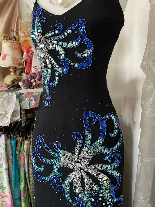 Glamorous Black Beaded Spaghetti Strap Mermaid Evening Gown DP7913