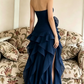 Elegant Navy Blue Strapless Ruffled High Slit A-Line Evening Gown DP8576
