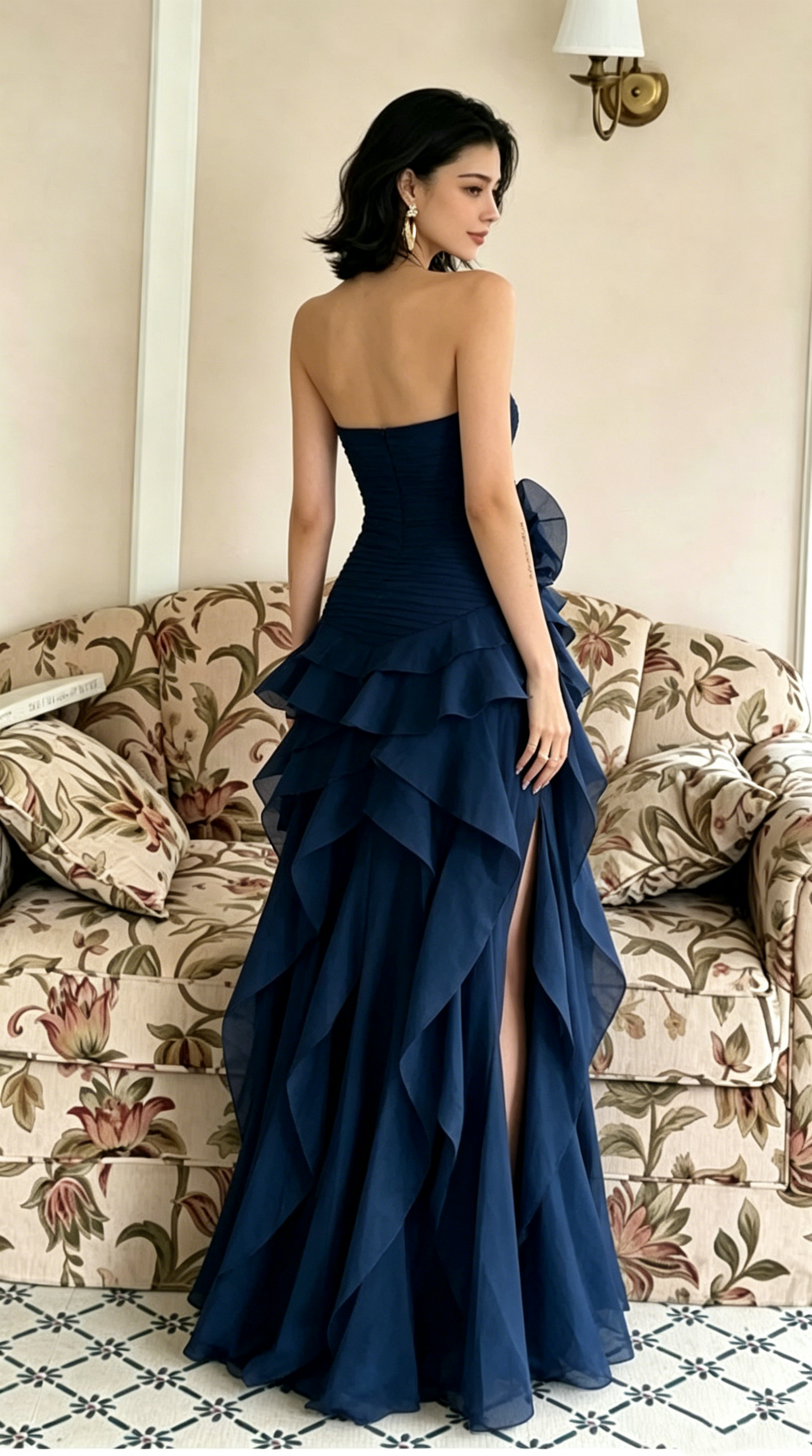 Elegant Navy Blue Strapless Ruffled High Slit A-Line Evening Gown DP8576