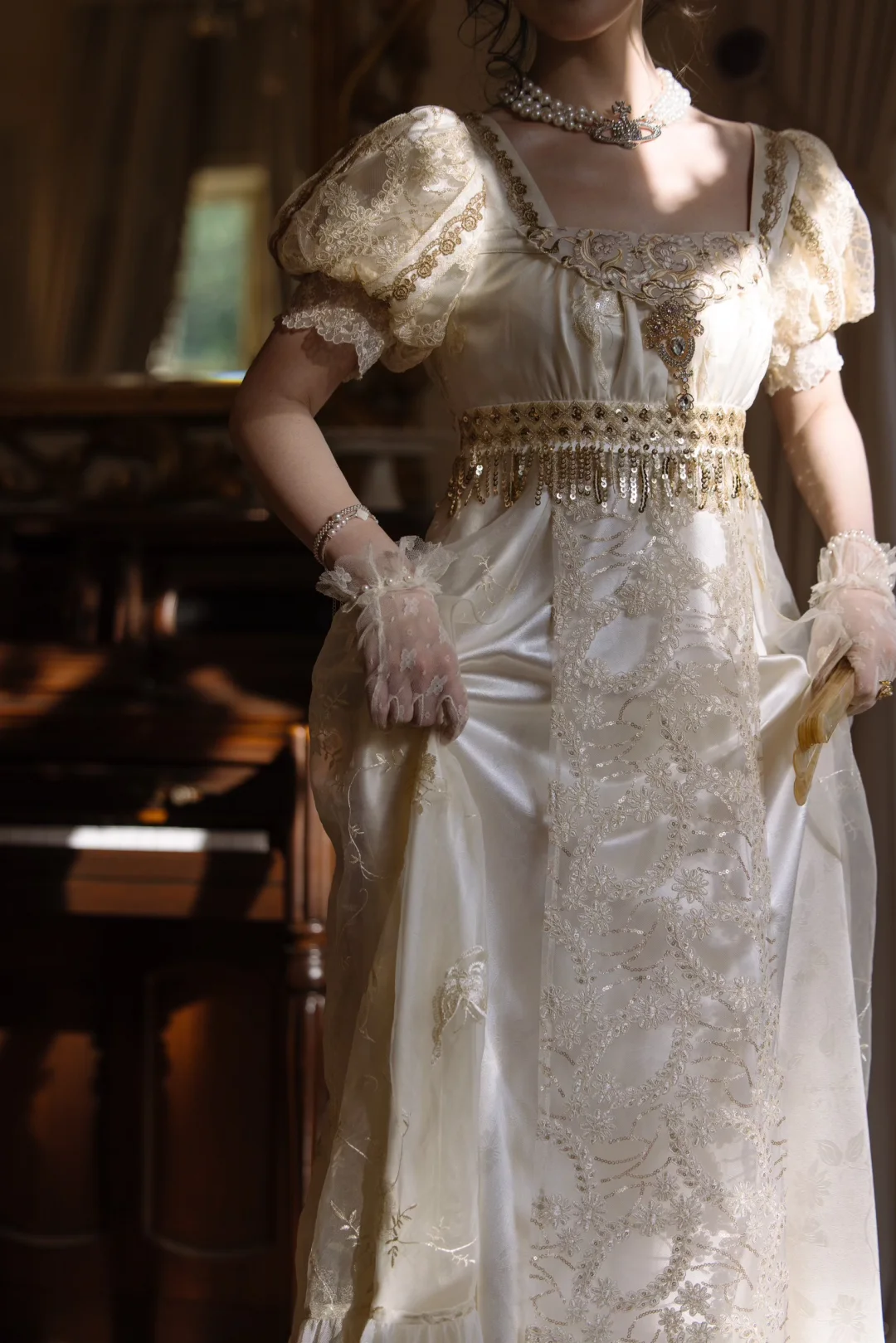 Elegant Cream Lace & Sequin Puffy Sleeves Evening Dress Prom Dress DP8117