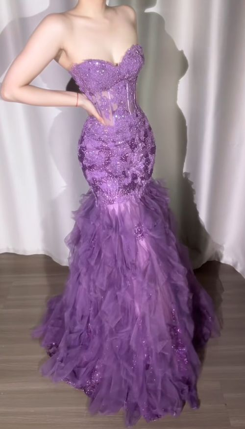 Glamorous Purple Tulle Ruffled Mermaid Evening Gown DP7984