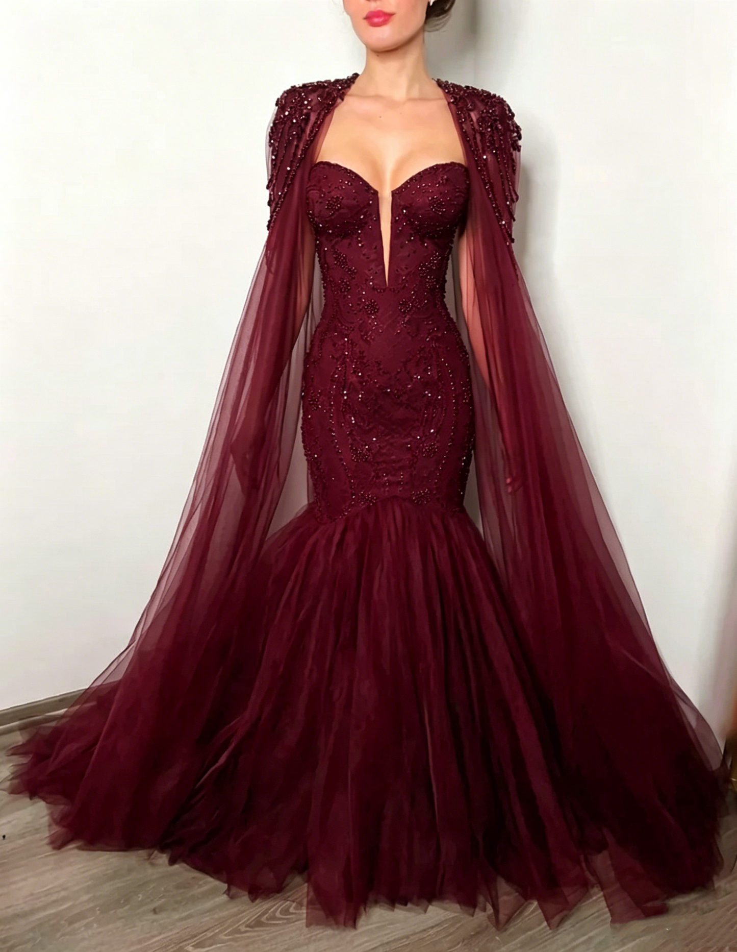 Luxury Beaded Mermaid Cape Evening Dress Tulle Formal Gown Prom Dress DS9575