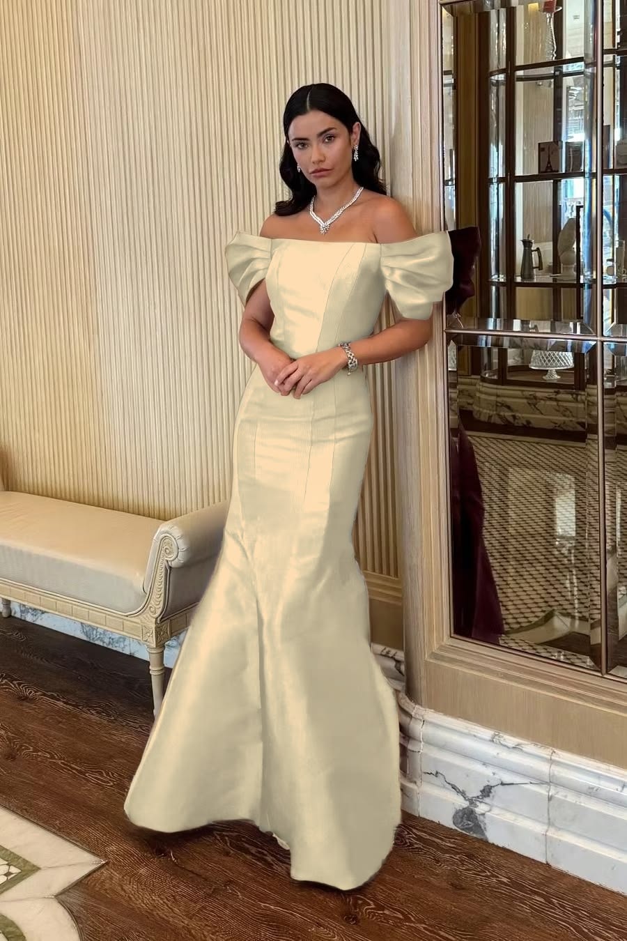 Elegant Off-the-Shoulder Puff Sleeve Satin Mermaid Evening Gown DP8713