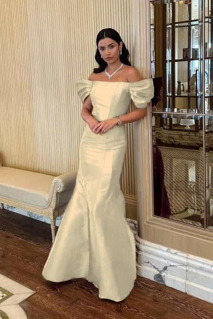 Elegant Off-the-Shoulder Puff Sleeve Satin Mermaid Evening Gown DP8713