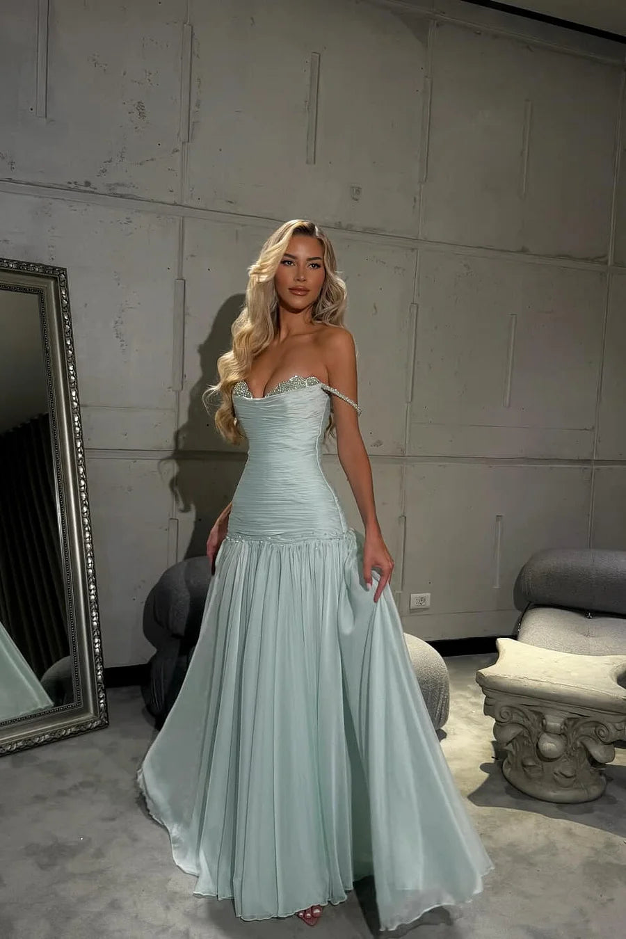 Élégante robe de bal en mousseline vert menthe, bustier à épaules dénudées, froncée, encolure en cœur, perles, robe de soirée formelle DP8231