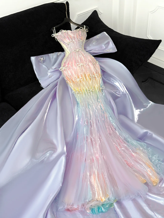 Chic Pastel Rainbow Ombre Sequin Mermaid Detachable Spaghetti Strap Beaded Formal Evening Gown DP7350