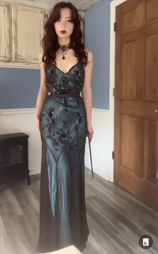 Vintage Spaghetti Straps Beadings Long Formal Evening Gown DP3888
