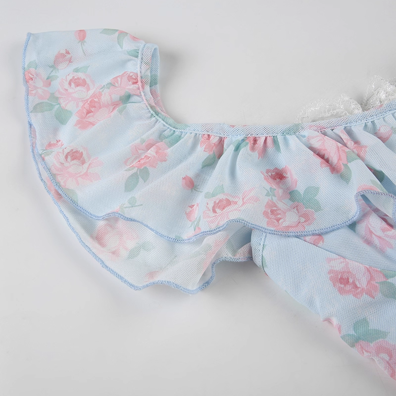 Cute Light Blue Floral Square-neck A-Line Short Summer Dresses Party Dress Homecoming Dress DP6343