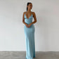 Blue V Neck Straps Sheath Satin Long Party Dress Wedding Guest Dress, DP3812