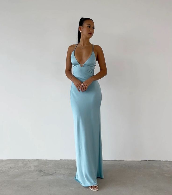 Blue V Neck Straps Sheath Satin Long Party Dress Wedding Guest Dress, DP3812