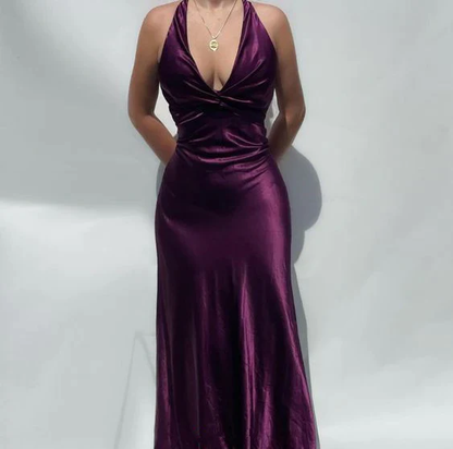 Elegant Dark Purple V Neck Halter Vintage Prom Dress, DP2276