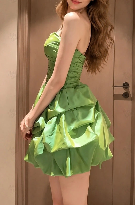 Elegant Green Strapless Sweetheart Satin Ruched Bodice Bubble A-Line Homecoming Dress DP8690
