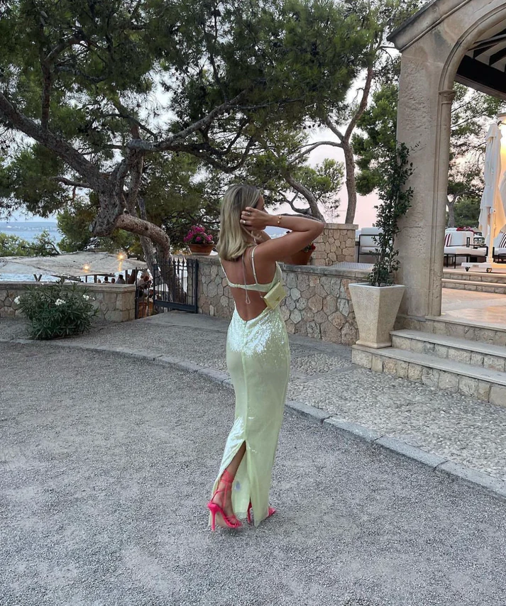 Shiny Sage Green Spaghetti Straps Sequin Long Party Dress,DP1978