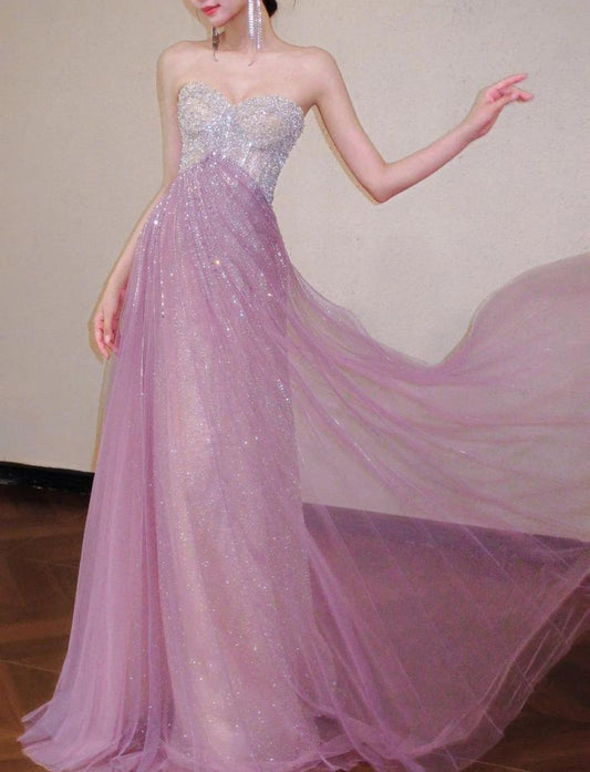 Vintage Sparkling Pink Tulle Sweetheart Prom Gown Beaded Evening Dress DP8082