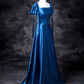 Vintage Royal Blue Satin Prom Dress A-Line Evening Gown Short-sleeved Party Dress Long Formal Dress DP6917
