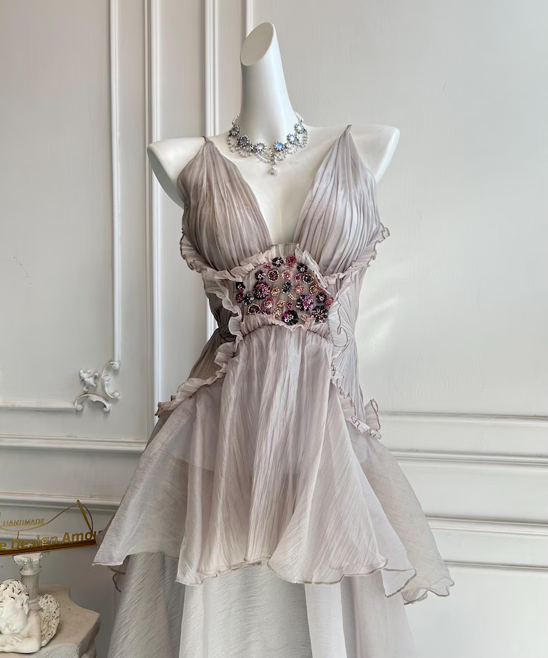 Elegant Ruffled Layered V-Neck Beaded Tiered Evening Dress DP8398