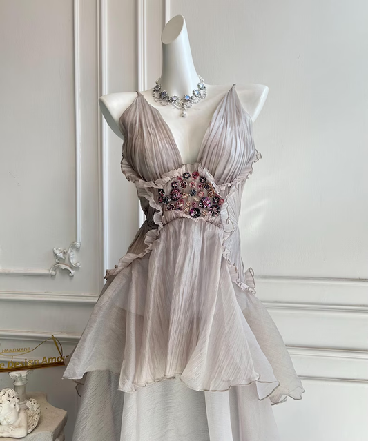 Elegant Ruffled Layered V-Neck Beaded Tiered Evening Dress DP8398