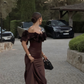 Brown Off Shoulder Satin Maxi Dress Mermaid Long Party Gown, DP3603