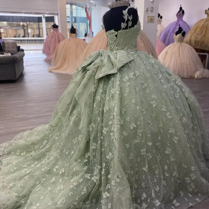 Sage Green Butterfly Quinceanera Dress Sweet 16 Birthday Party Ball Gown, DP3633