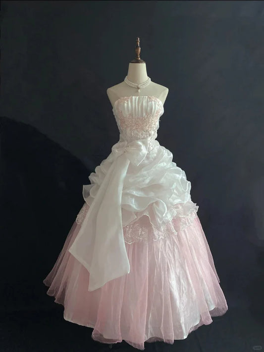 Vintage Pink Strapless Chiffon Sweet 16 Quinceanera A-Line Ruffles Evening Dress Ball Gown DP6298