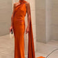 Vintage One-Shoulder Satin Mermaid Cape Train Evening Gown DP8419