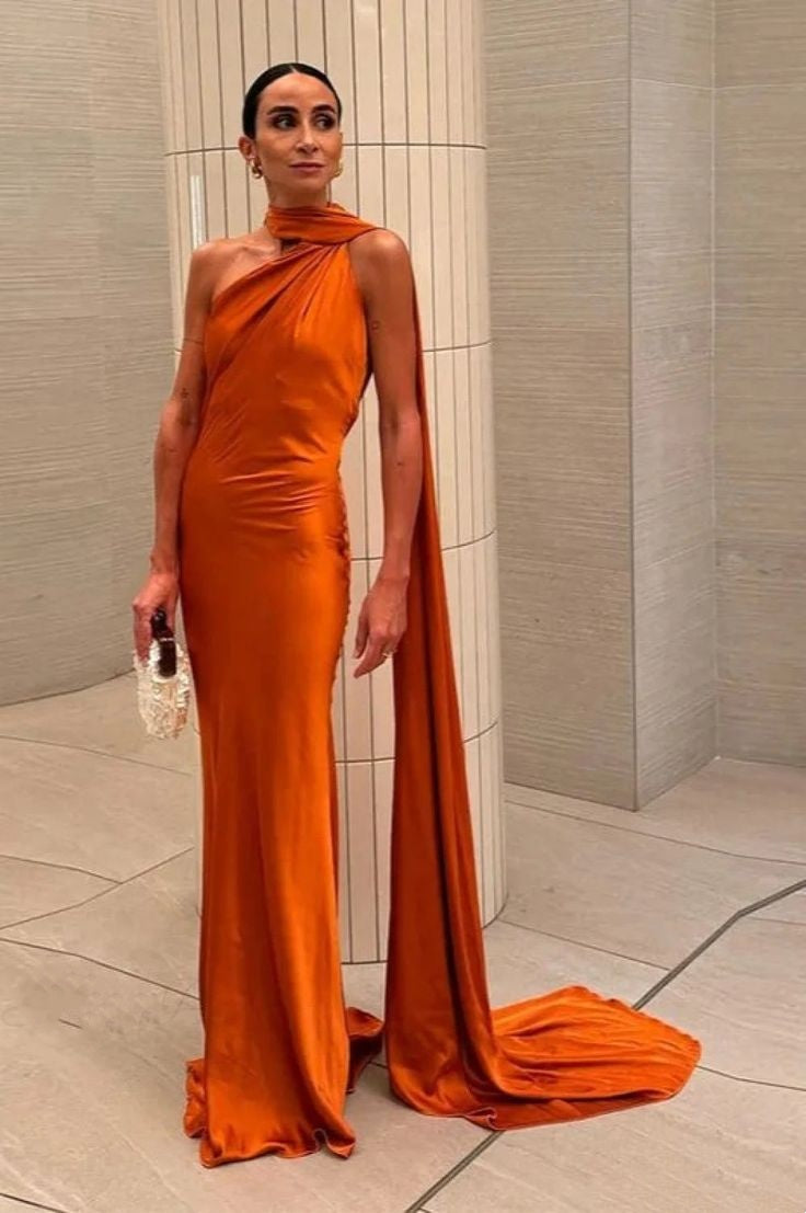 Vintage One-Shoulder Satin Mermaid Cape Train Evening Gown DP8419