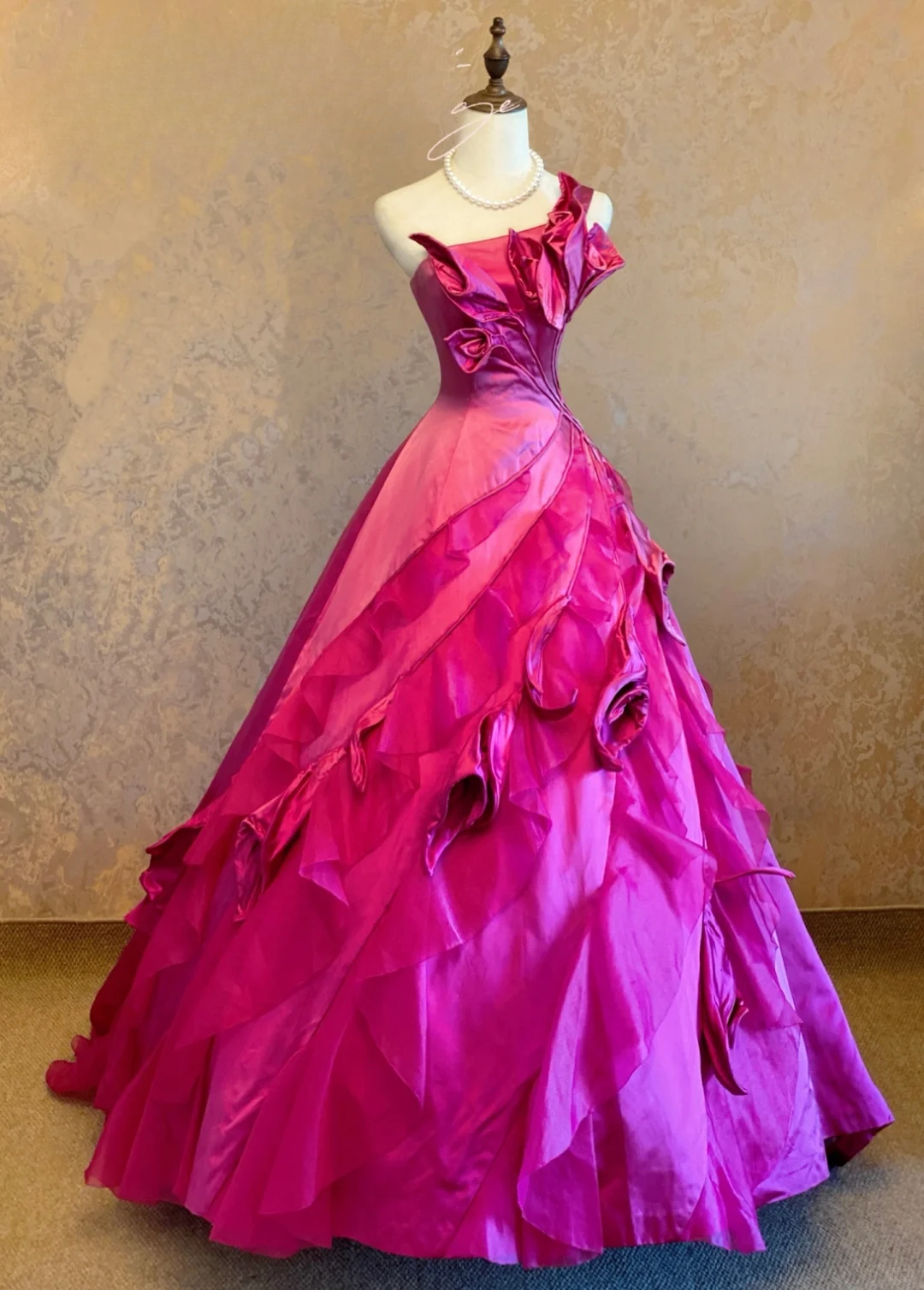 Glamorous Hot Pink Satin 3D Floral Ruffles One-Shoulder Sweet 16 Quinceanera Ball Gown DP7359