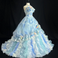 Enchanting Sky Blue Strapless 3D Floral Applique Ruffled Tulle Iridescent Fairycore Sweet 16 Quinceanera Ball Gown DP7279