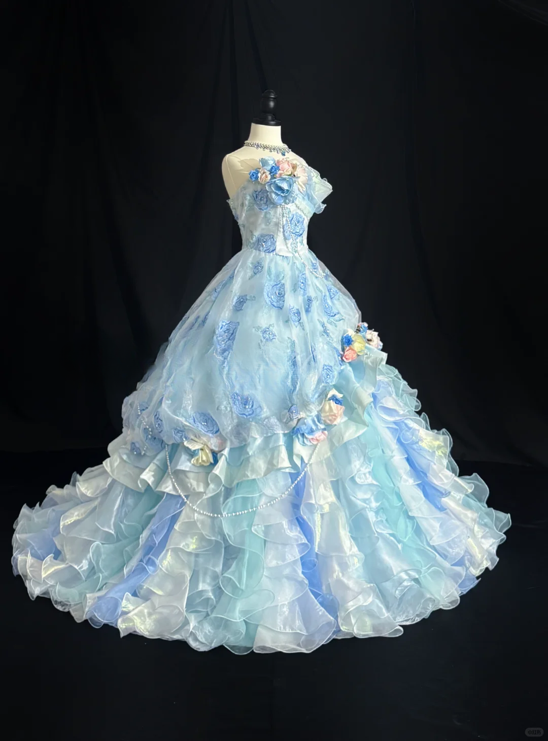 Enchanting Sky Blue Strapless 3D Floral Applique Ruffled Tulle Iridescent Fairycore Sweet 16 Quinceanera Ball Gown DP7279