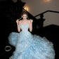 Wunderschönes glänzendes hellblaues trägerloses A-Linien-Tüll-Brautkleid, Ballkleid, Abendkleid DP6248