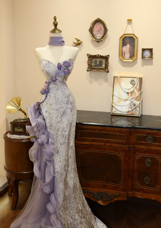 Vintage Lilac Strapless 3D Flowers Sweetheart Prom Dress Mermaid Ruffles Evening Gown DP7159