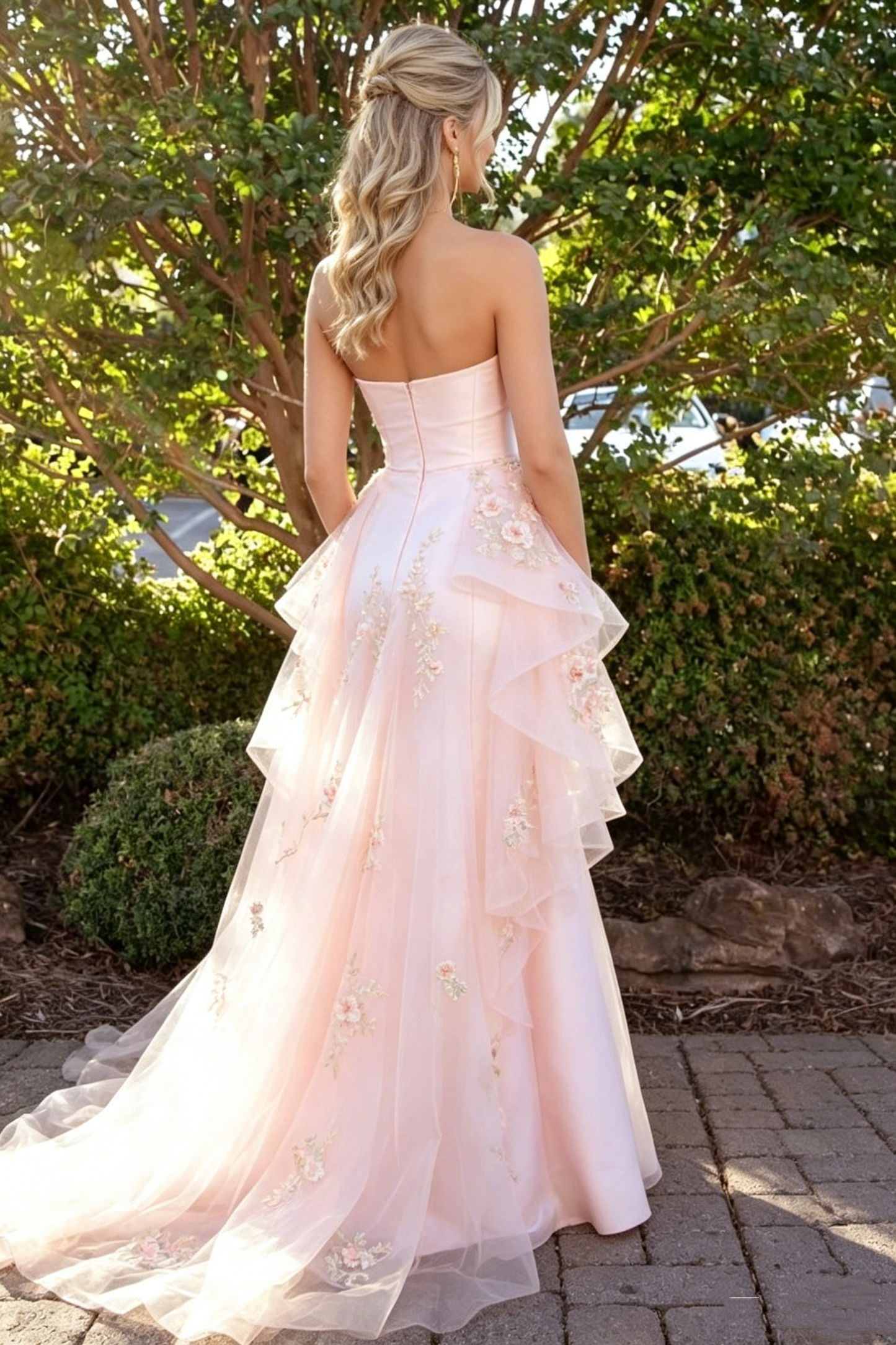Vintage Pink Strapless Satin Mermaid 3D Floral Organza Prom Dress DP8446
